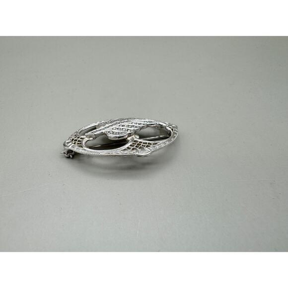 Vintage Sterling Silver Filigree Marcasite Leaf Brooch Pin - Picture 4 of 6